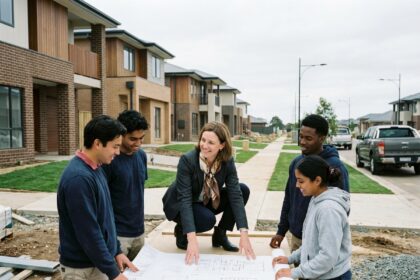 Urbaniste en réunion avec jeunes adultes devant maison neuve