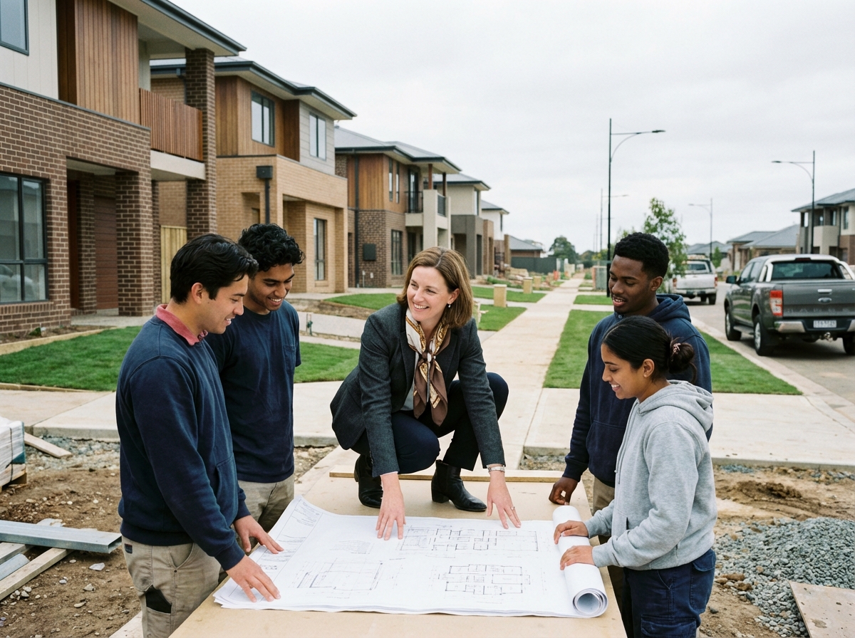 Urbaniste en réunion avec jeunes adultes devant maison neuve
