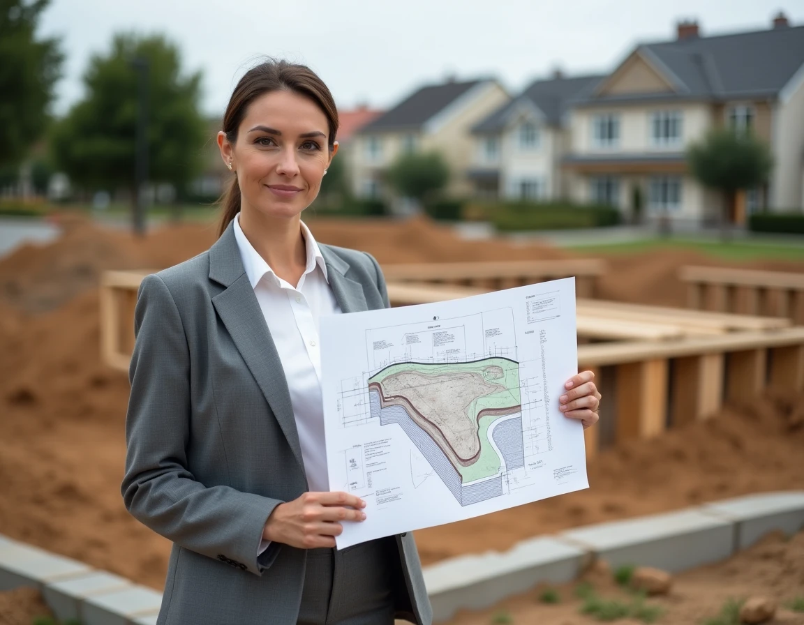 Urbaniste consultant un plan de coupe terrain annoté sur un chantier résidentiel en extérieur
