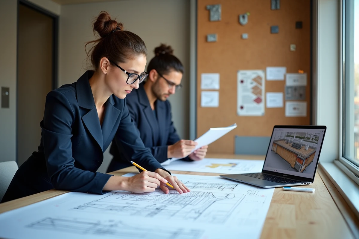 Urbaniste féminine étudiant des plans de réemploi de matériaux dans un bureau de chantier bas carbone à Paris