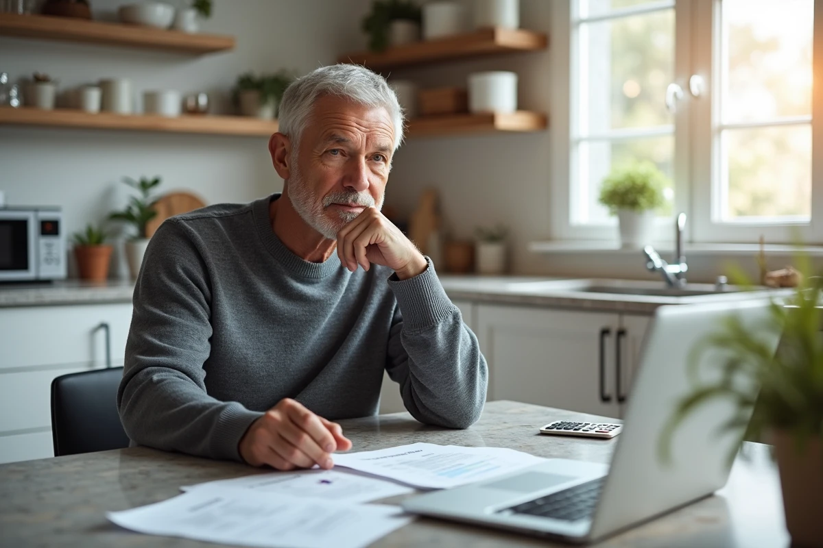 Propriétaire vendeur analysant des documents d'estimation immobilière à son domicile pour comprendre l'impact des honoraires