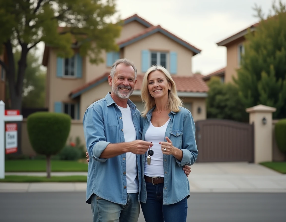 Couple de vendeurs heureux devant leur maison vendue grâce à Orpi Invest Immo