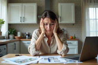 Femme stressée assise devant des documents immobiliers lors d'une vente de maison urgente suite à un divorce dans l'Oise