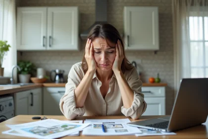 Femme stressée assise devant des documents immobiliers lors d'une vente de maison urgente suite à un divorce dans l'Oise