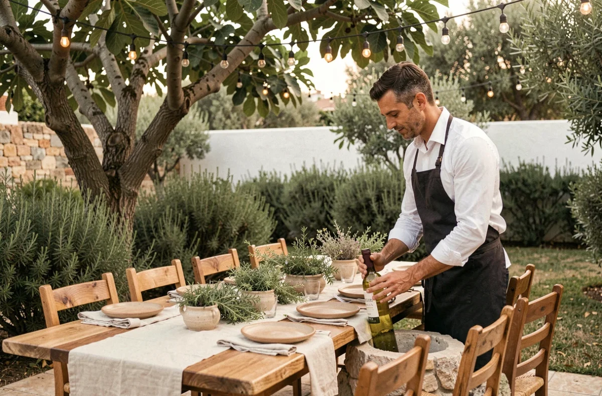Dîner en plein air dans le jardin d'une villa de luxe à Ibiza, service sommelier et table dressée avec céramiques artisanales