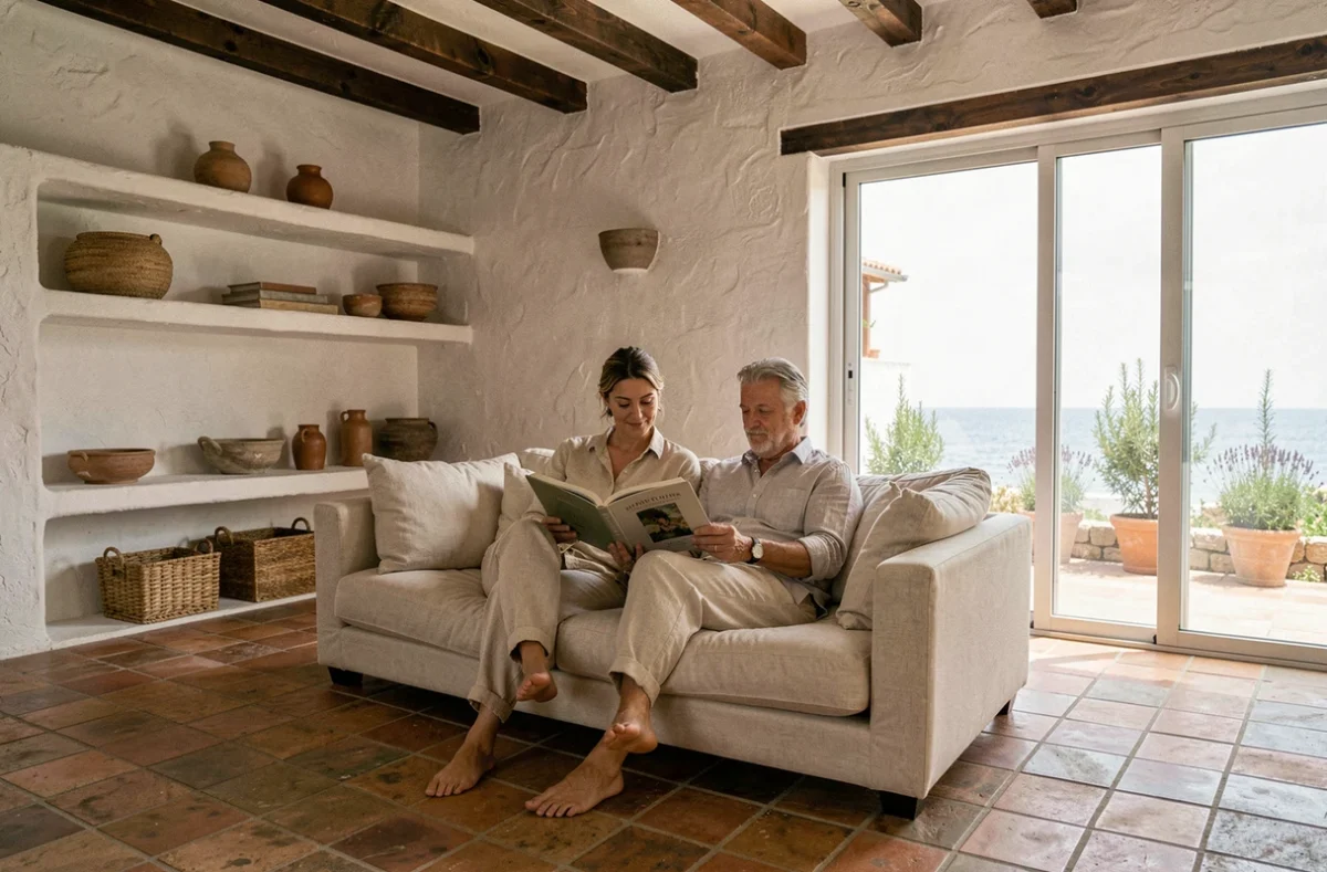 Intérieur raffiné d'une villa de luxe à Ibiza avec salon en lin naturel et vue jardin, location Le Collectionist