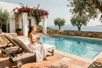 Terrasse avec piscine à débordement d'une villa de luxe à Ibiza louée via Le Collectionist, vue sur la Méditerranée