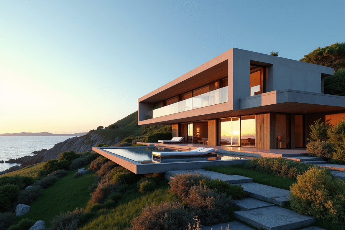 Villa moderne en bord de mer à Dinard lors du coucher de soleil