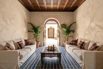 Intérieur luxueux d'une villa marocaine à Essaouira avec carrelage Zellige, plafond en cèdre sculpté et salon élégant