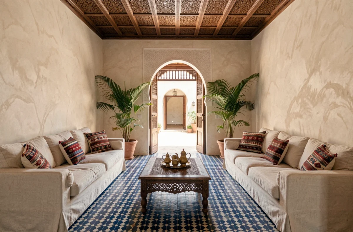 Intérieur luxueux d'une villa marocaine à Essaouira avec carrelage Zellige, plafond en cèdre sculpté et salon élégant