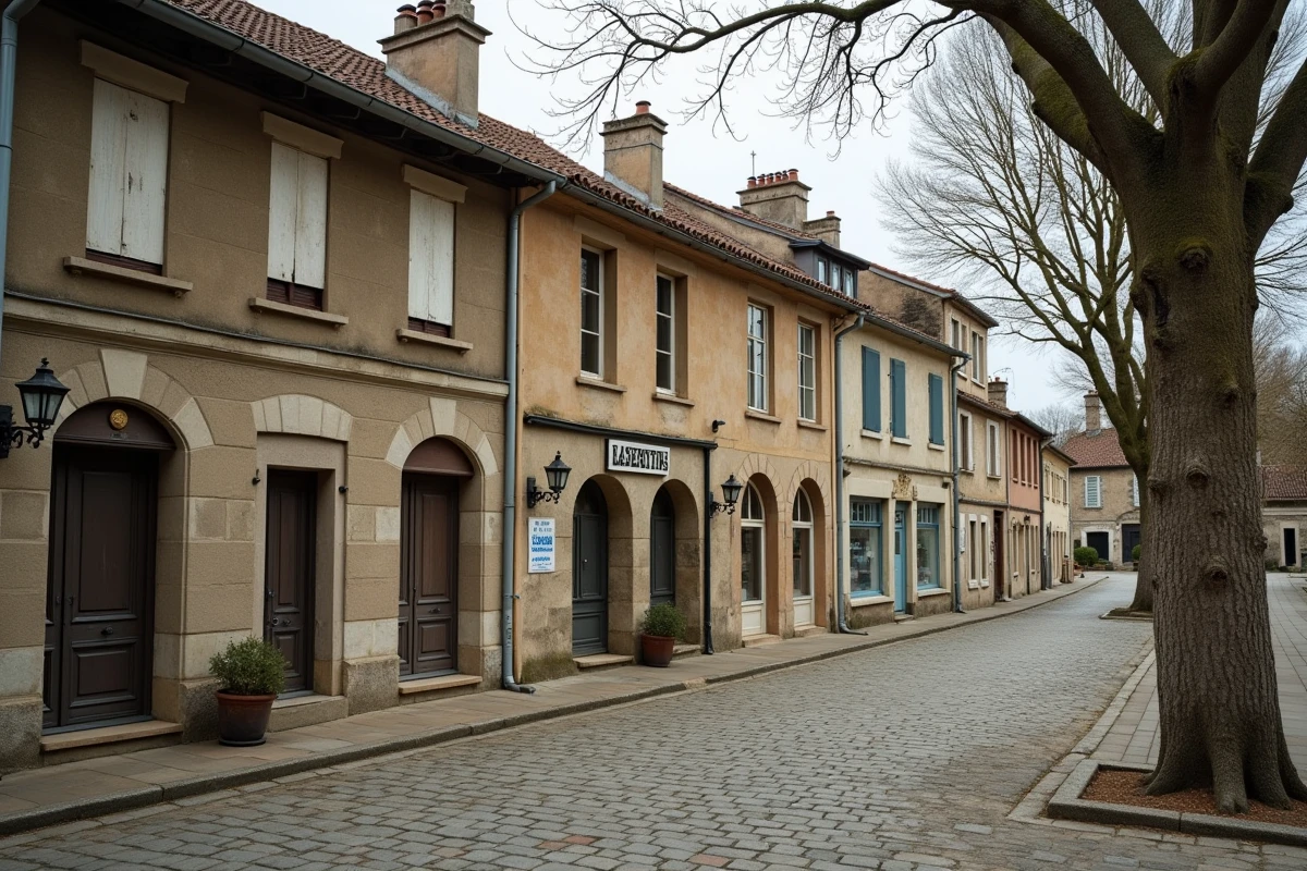 Place de village français calme avec panneau à louer sur une porte ancienne, représentant une zone détendue avec faible demande locative