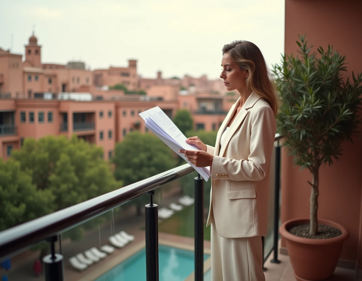 Femme marocaine visitant un appartement avec balcon à vendre dans le quartier Guéliz de Marrakech en consultant des plans architecturaux