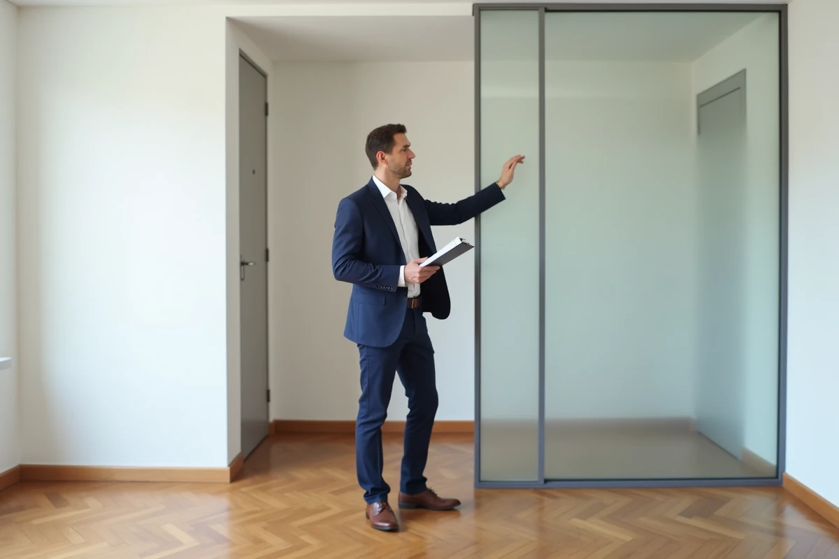 Agent immobilier présentant un appartement T1 bis vide avec séparation en verre dépoli lors d'une visite, parquet en chevrons visible