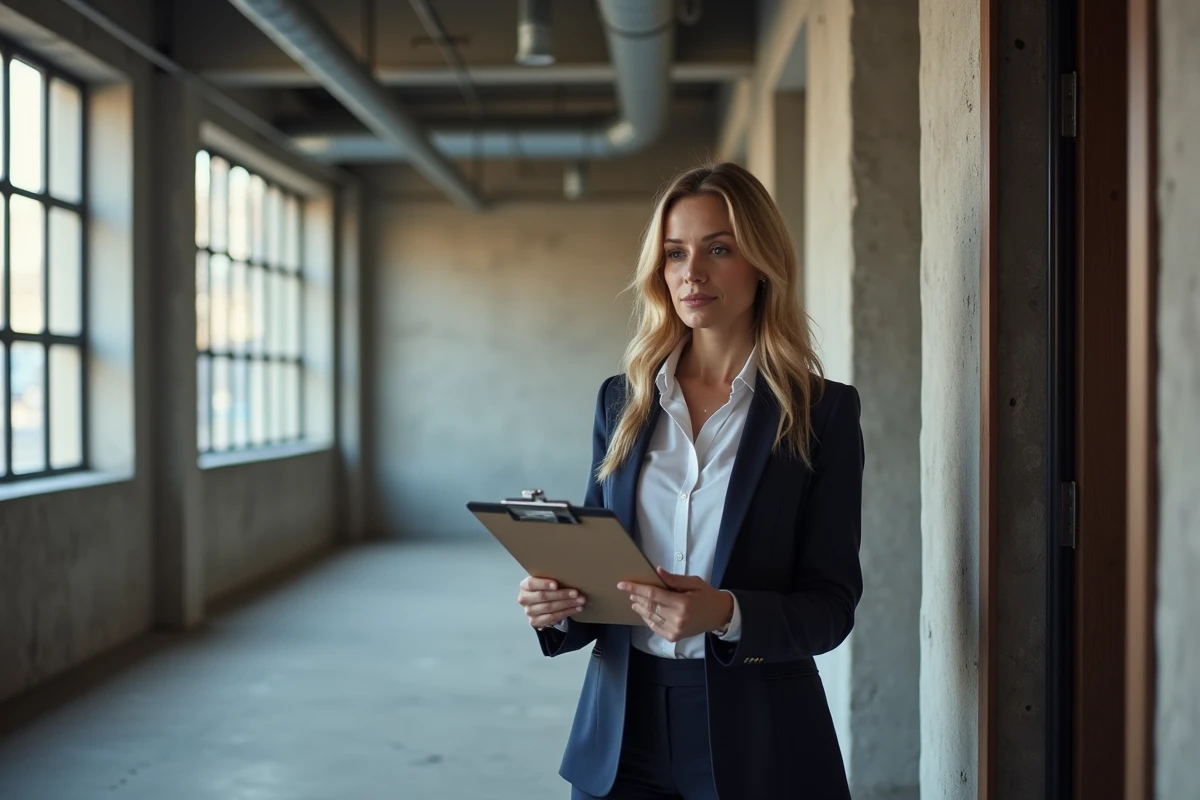 Professionnelle évaluant un local commercial vide à Dijon avec une check-list en main