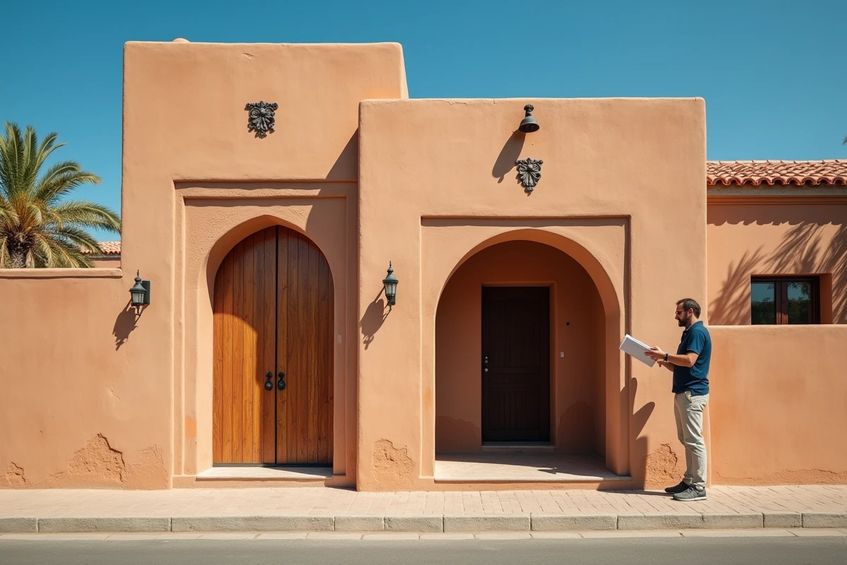Agent immobilier présentant une villa à vendre à Marrakech avec façade en tadelakt et porte en cèdre sculptée