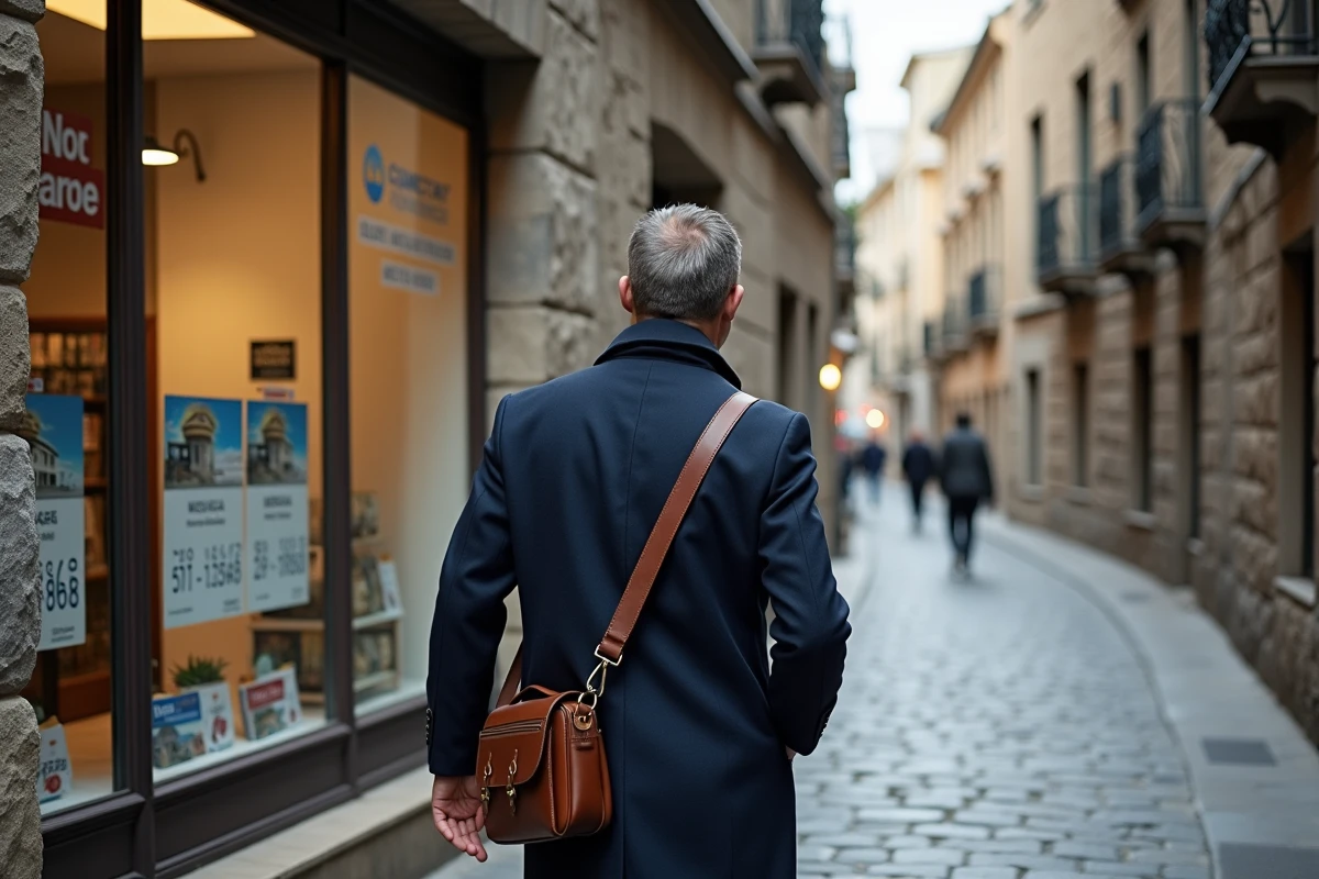 Homme consultant des annonces immobilières dans une vitrine d'agence dans le centre historique d'Andorre