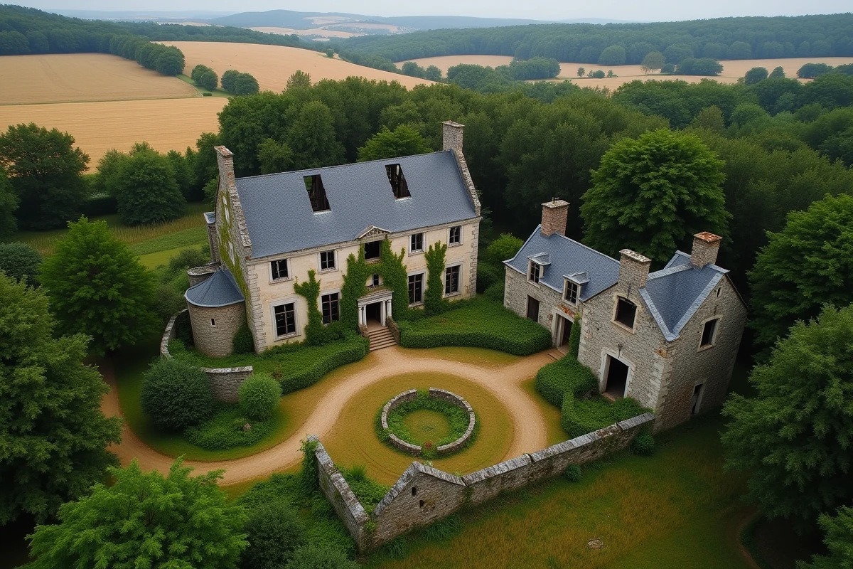 Vue aérienne d'un manoir abandonné entouré de forêt et de champs agricoles dans une région rurale française
